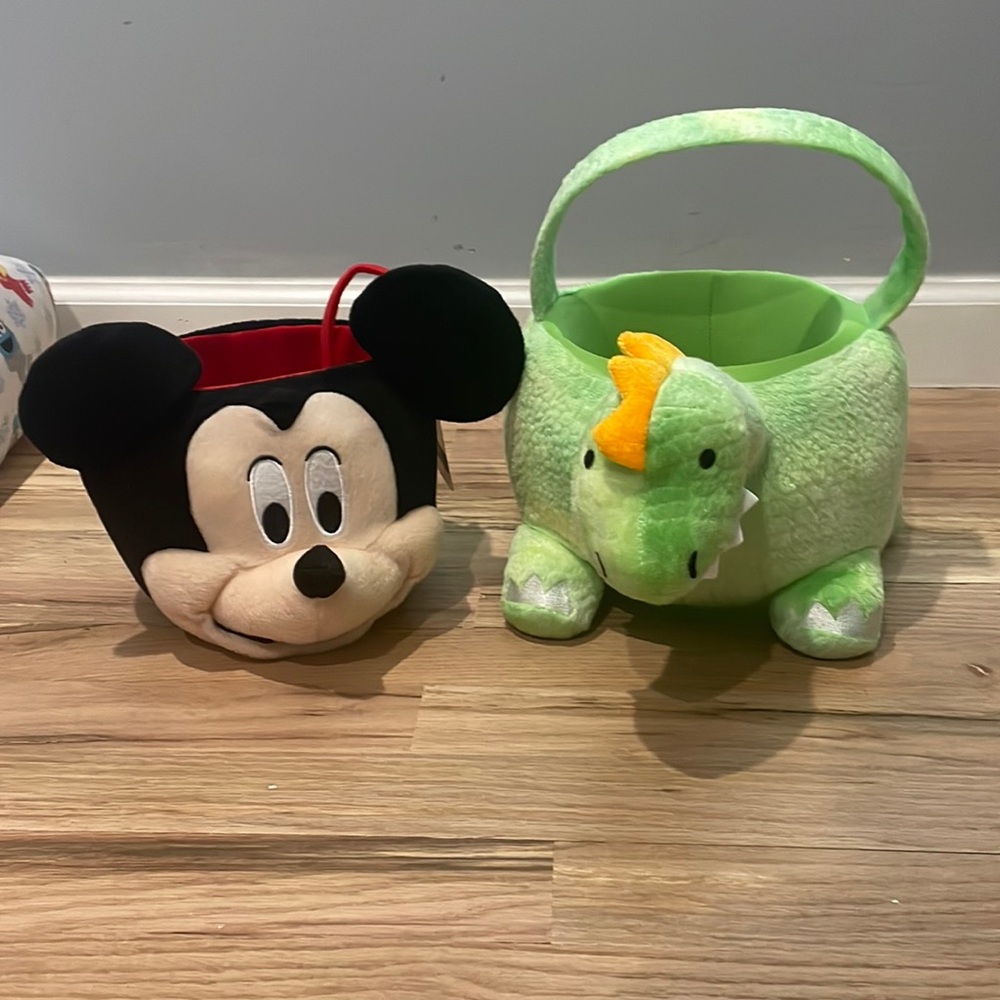 Plush Easter Baskets for kids mickey mouse and green dinosaur